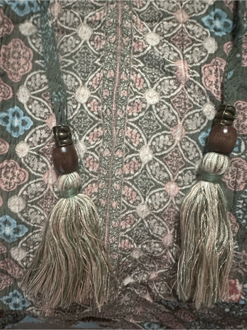 Boho Tassel V-Neck Printed Blouse in Olive Green size Large - Picture 5 of 5